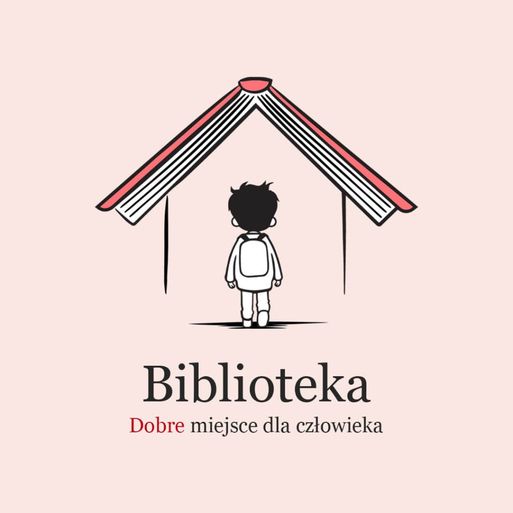 Obra przedstawia ludka wchodzącego do budynku, którego dach jest jednocześnie otwartą książką. Obraz symbolizuje akcję Biblioteka miejsce dobre dla człowieka.