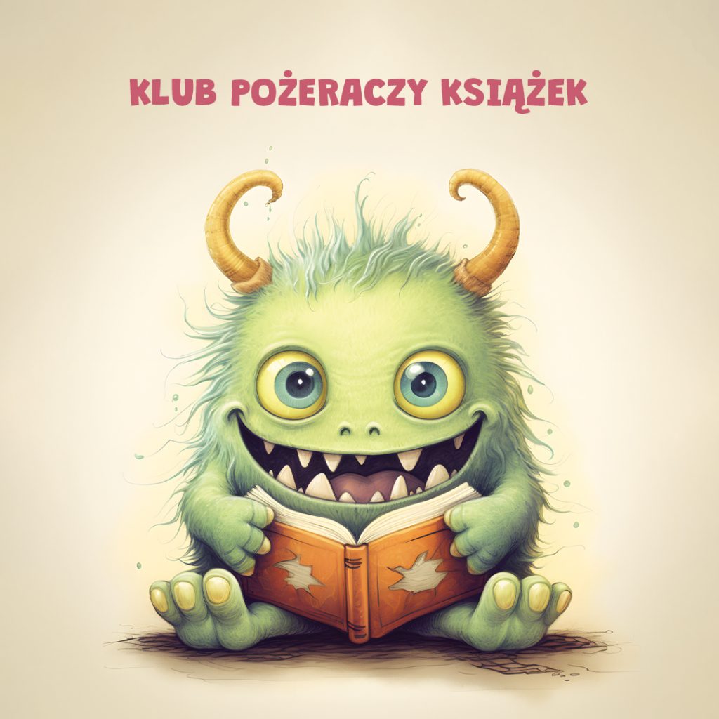 Zielony włochaty potwór z rogami czyta książkę. Obraz symbolizuje Klub Pożeraczy Książek