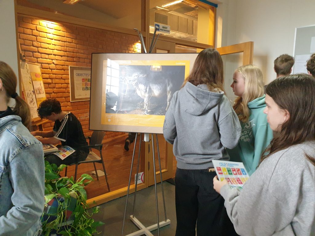 Uczniowie oglądają wystawę plakatów francuskiego fotografa Yanna Arthusa-Bertranda