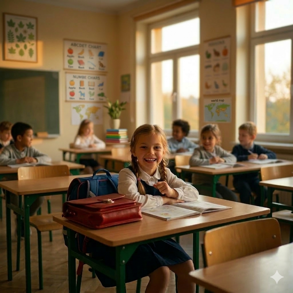 uśmiechnięta dziewczynka czeka na rozpoczęcie lekcji w klasie, w tle widać inne dizeci siedzące w ławkach