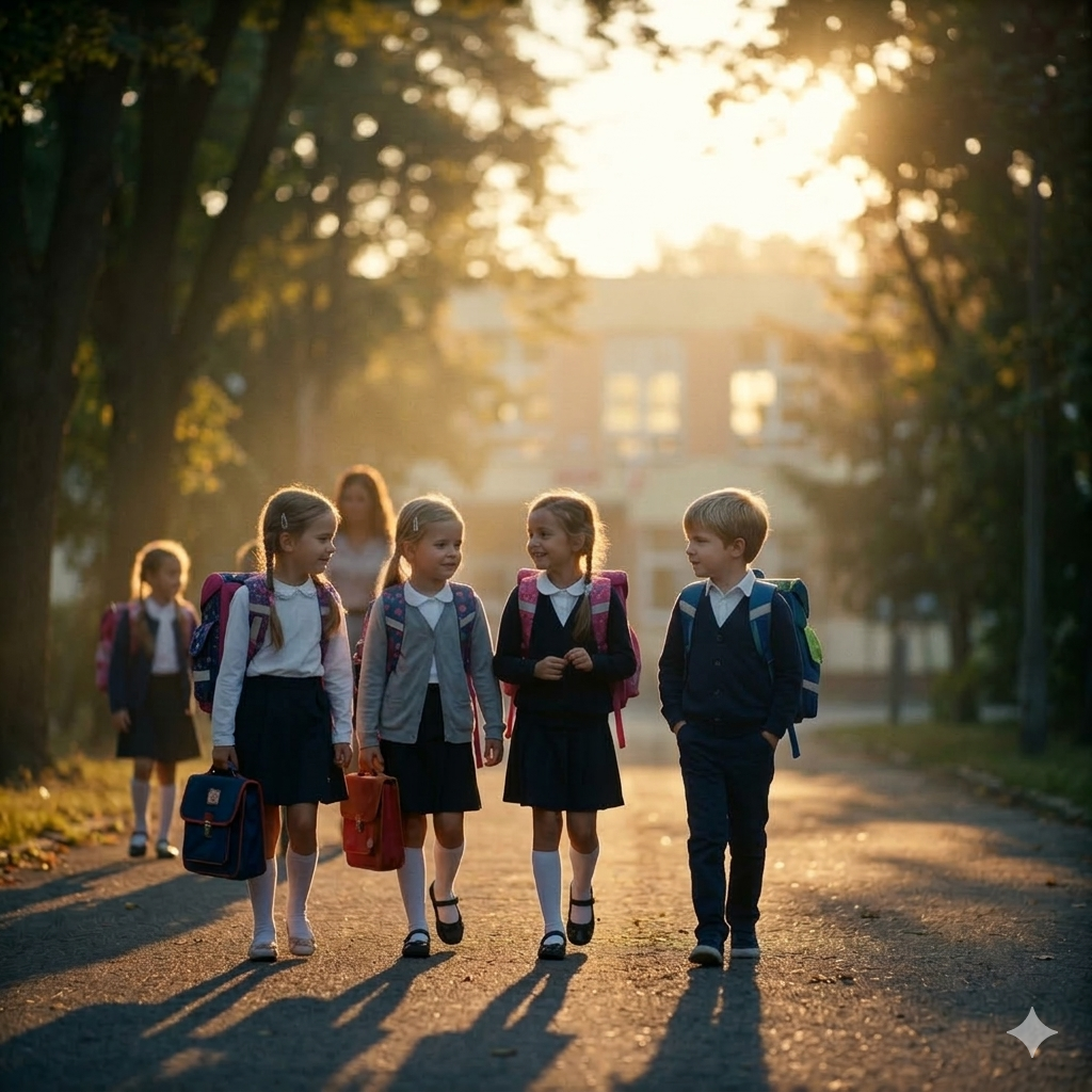 uśmiechnięte dzieci z pierwszej klasy idą w pierwszy dzień do szkoły